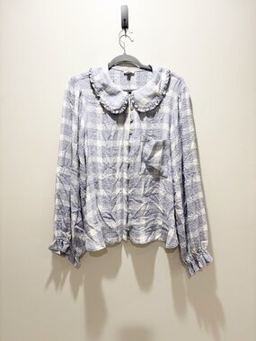 Pilcro Keira Collared Light Blue & White Button-Up Top Checked Ruffle Peasant XL